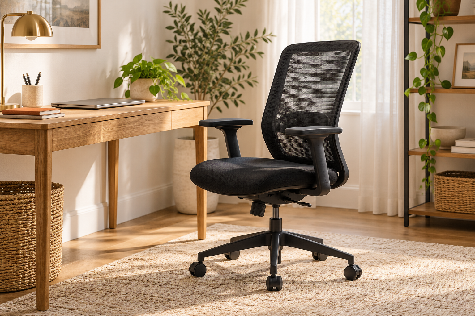 Illustration of a generic black mesh ergonomic chair at a wooden desk in a sunlit home office